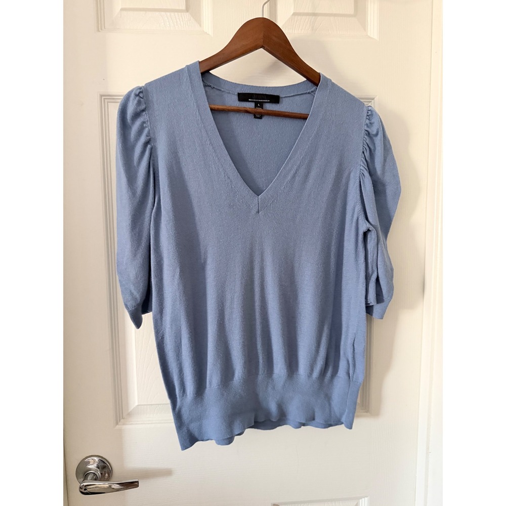 White House Black Market Blue V-Neck Puff Sleeve Knit Sweater Top Large